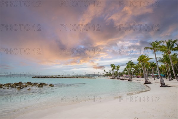 Caribbean dream beach with palm trees, white sandy beach and turquoise-coloured, crystal-clear water in the sea. Shallow bay at sunset. Plage de Sainte Anne, Grande Terre, Guadeloupe, French Antilles, North America