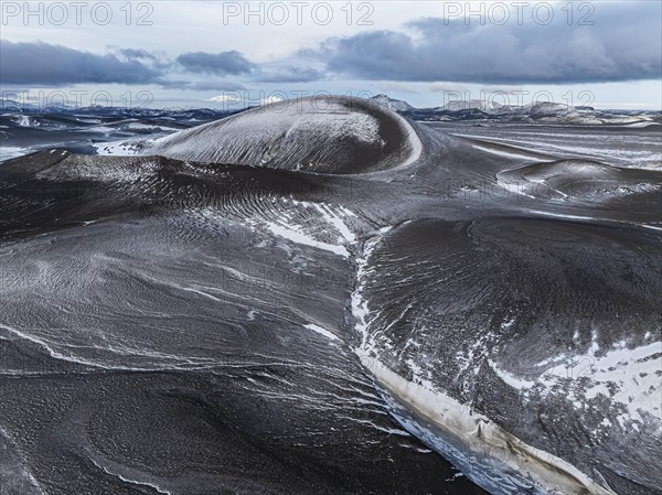 Overgrown river landscape and volcanic landscape, drone shot, Fjallabak Nature Reserve, Sudurland, Iceland, Europe