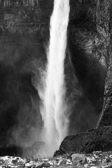 Foaming Halfoss waterfall, black and white photo, Sudurland, Iceland, Europe