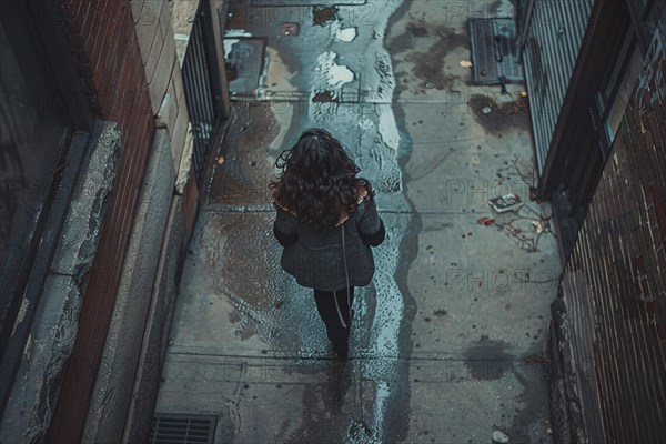 View from above of a woman walking alone on a wet urban street, creating a reflective, moody scene, AI generated