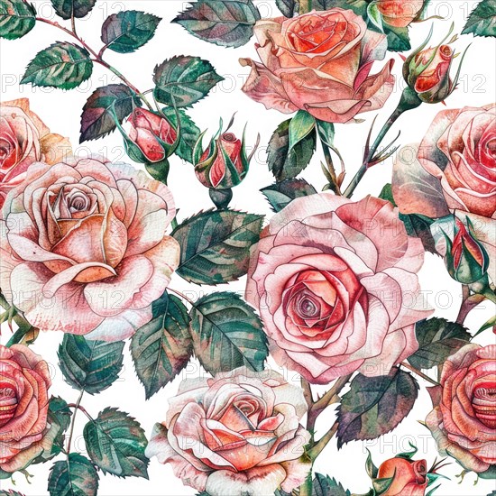 Seamless watercolor pattern with rose blossoms in pastel tones AI generated