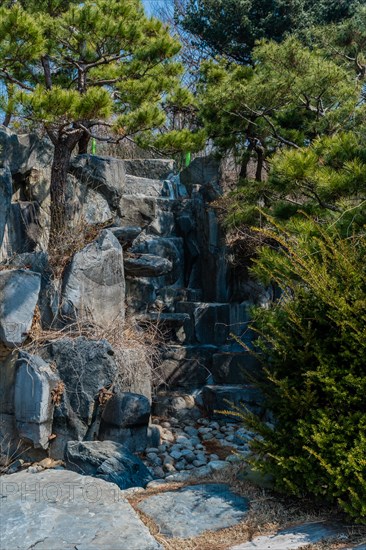 A small waterfall cascading down a rocky cliff surrounded by pine trees, in South Korea