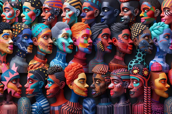 Artistic array of colorful, patterned profiles representing a diversity of faces, illustration, AI generated