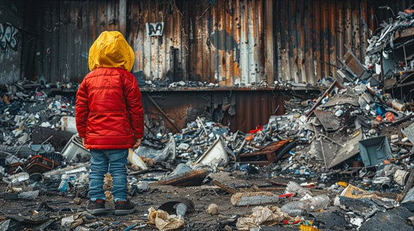 Child in a bright jacket exploring amidst rubble and debris in a scene of urban decay, AI generated