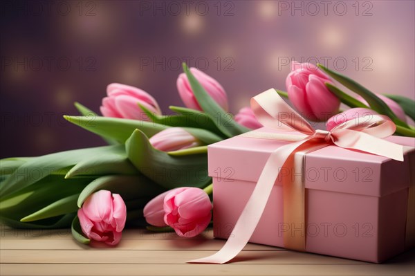 Gift Box with Pink Ribbon Beside bouquet of Fresh Tulips on Bokeh Background. Good for Valentine day, March 8, mother day, spring holidays, birthday designs, AI generated