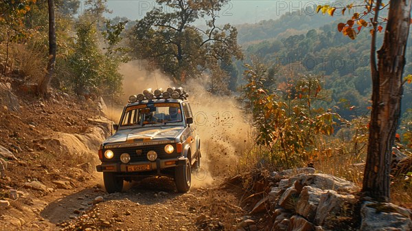 Vintage off-road vehicle kicking up dust on a rugged forest trail, AI generated