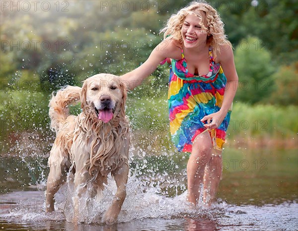 Labrador dog dirty muddy wet, shaking next to a woman in a colourful summer dress, AI generated, AI generated