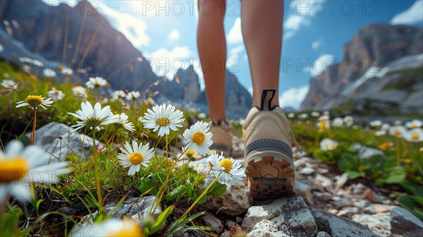 Close-up of hiker's feet on a rocky path with mountain flowers, AI generated