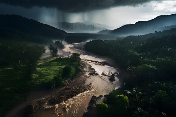 Heavy rainfall pouring on an already saturated ground leading to mudslides captured in a stormy twilight, AI generated