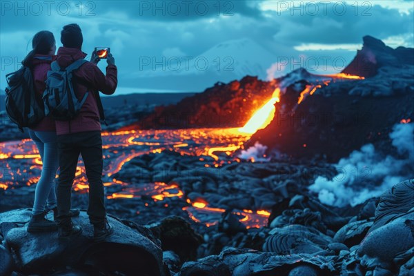 Tourists, onlookers photograph a spectacular volcanic landscape with liquid, partially cooled lava flows with their smartphones, symbolic image for volcano tourism, disaster tourism, travel trends and the associated dangers, AI generated, AI generated, AI generated