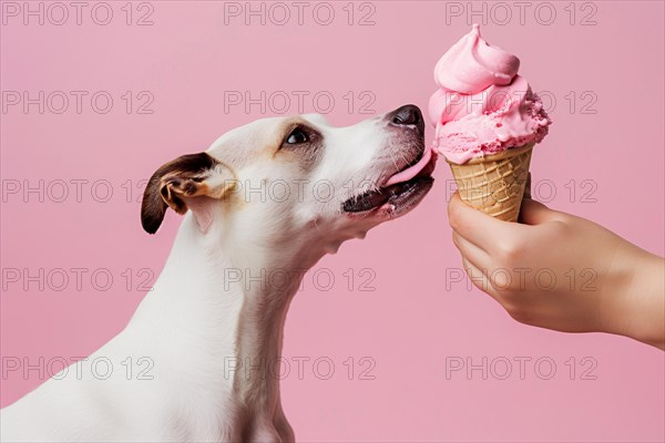 Side view of dog being fed ice cream in cone by human in front of pink studio background. KI generiert, generiert, AI generated