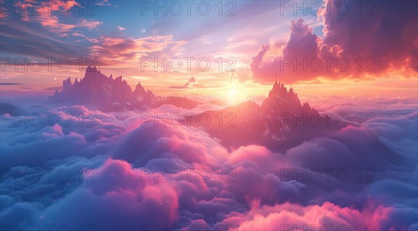 Silhouetted mountains under a dreamy pink sky with fluffy clouds at sunset, ai generated, AI generated