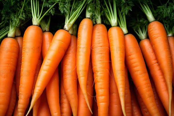 Bunch of raw carrots with leaves. KI generiert, generiert, AI generated