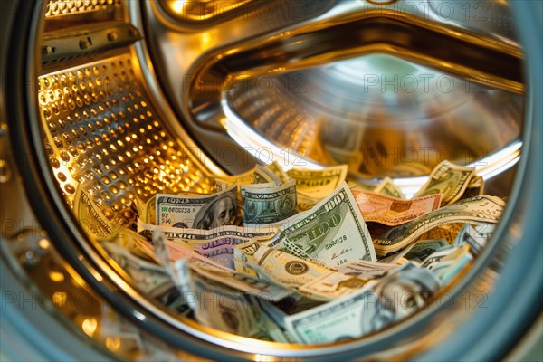 Banknotes lying in a washing machine, symbolic image for money laundering, illegally generated money, AI generated, AI generated, AI generated