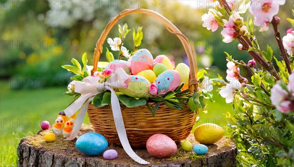 An Easter basket with colourful eggs and decorations stands in the sunny spring garden, symbol of Easter, KI generated, AI generated