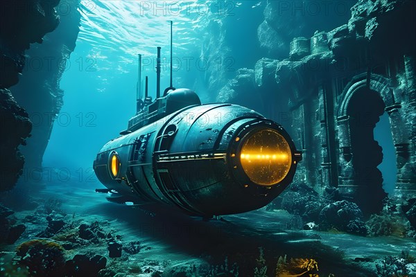Deep sea submersible bathed in artificial light navigates through murky waters, AI generated, deep sea, fish, squid, bioluminescent, glowing, light, water, ocean