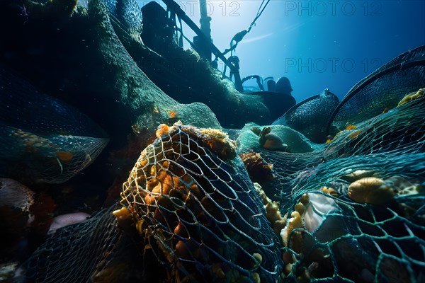 Trawl net overflowing with a diverse mix of marine life, AI generated