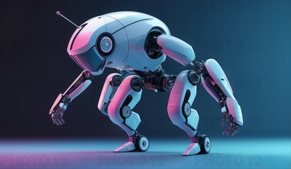 3D robot in a neon purple futuristic setting with sleek design under a spotlight, ai generated, AI generated