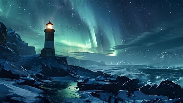 Lighthouse standing on a snow covered coast with aurora borealis dancing in the night sky, AI generated