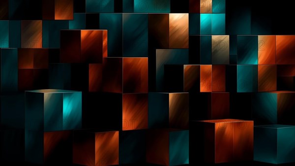 Abstract floating 3D blocks in teal and orange creating a dynamic perspective with dramatic lighting, AI generated
