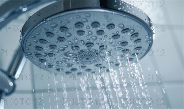 Close-up of a showerhead with water droplets highlighting hygiene AI generated