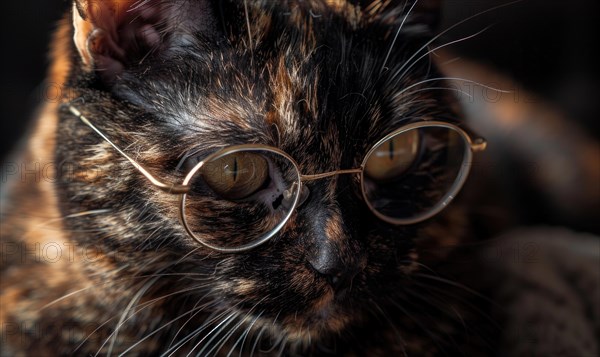 Tortoiseshell cat with round glasses and detailed fur in dramatic side lighting AI generated