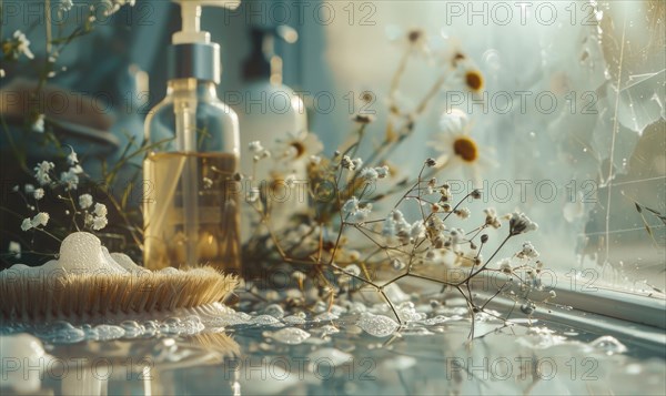 Skincare and grooming essentials on a windowsill with a view of delicate flowers and soft light AI generated