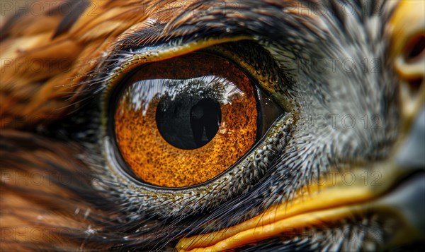 Macro image revealing the intense gaze and detailed feathers of an avian eye AI generated