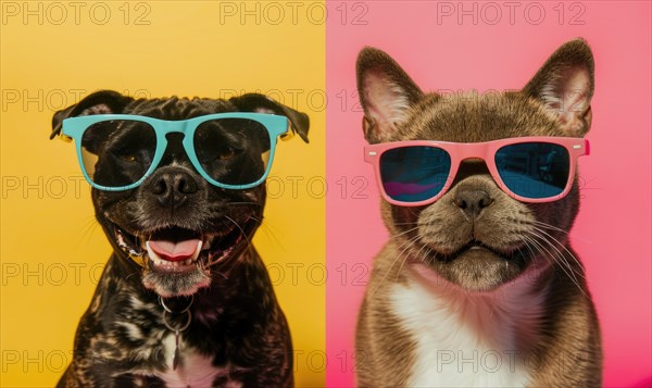 Cheerful dog with a wide smile and cat posed against a pink background both wearing blue sunglasses AI generated