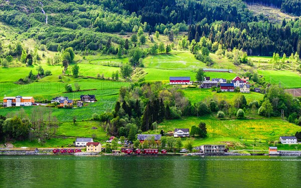 Mountains and Fjord over Norwegian Village, Olden, Innvikfjorden, Norway, Europe