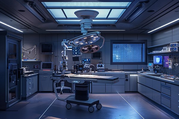 High-tech operating room with advanced medical equipment and blue lighting, AI generated