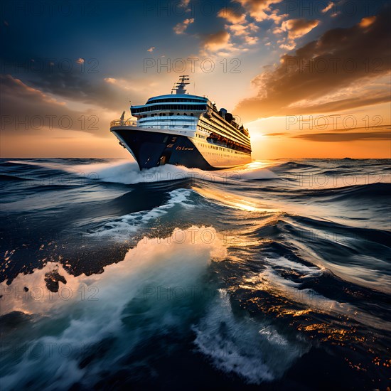 Cruise ship slicing through sparkling ocean waters at warm sunlight, AI generated