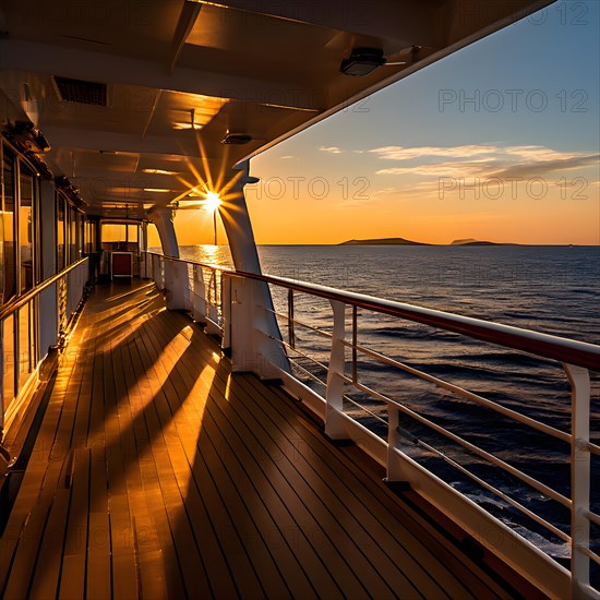 Cruise ships deck accentuated by the warm hues of sunset, AI generated
