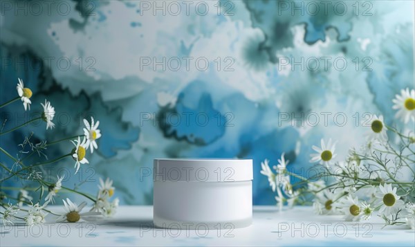 Blank cosmetic jar mockup placed on an elegant watercolor chamomile background, skin care and beauty AI generated