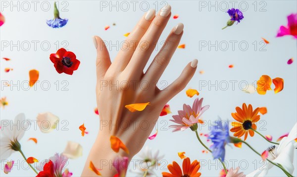 Close-up of a woman's hand holding colorful flower petals AI generated