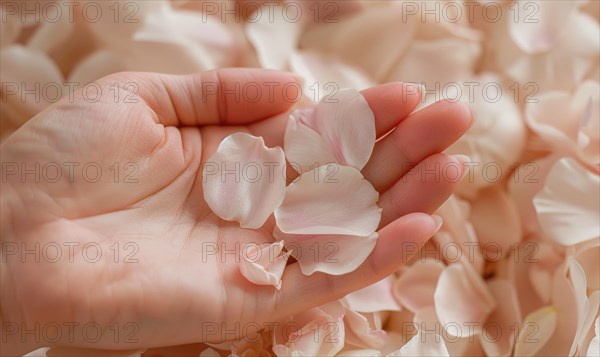 Close-up of a woman's hand with a neutral manicure, adorned with delicate flower petals AI generated