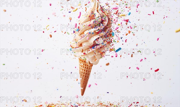 Ice cream cone explosion on white background AI generated