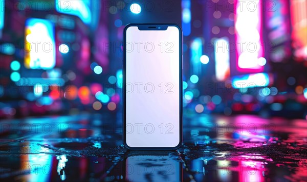 Smartphone mockup with a blank screen on a vibrant cityscape background AI generated