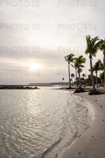 Caribbean dream beach with palm trees, white sandy beach and turquoise-coloured, crystal-clear water in the sea. Shallow bay at sunset. Plage de Sainte Anne, Grande Terre, Guadeloupe, French Antilles, North America