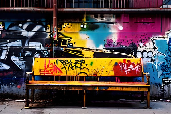 Urban park bustling with daily life paint splattered graffiti adorning the timeworn benches, AI generated