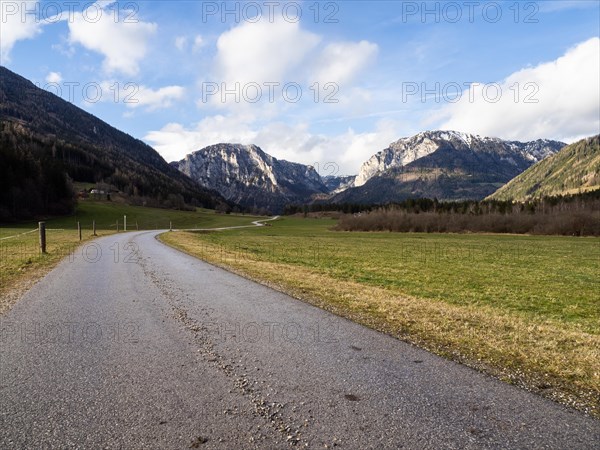 Country road in front of mountain panorama, mountain Pribitz, mountain Messnerin, Oberort, municipality Tragoess-St. Katharein, Styria, Austria, Europe