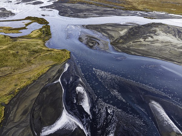 Overgrown river landscape, Eldhraun, near Kirkjubaejarklaustur, drone image, Sudurland, Iceland, Europe