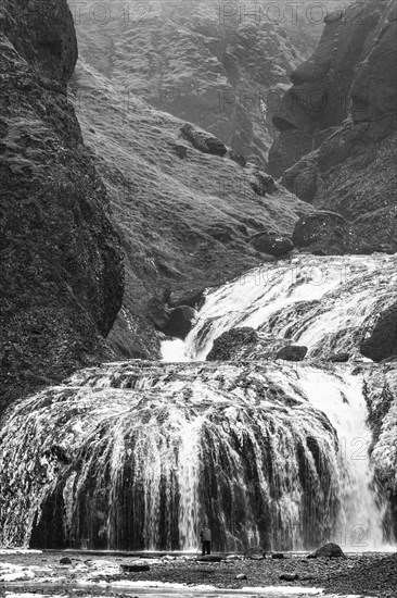 Stjornarfoss waterfall, near Kirkjubaejarklaustur, black and white photo, Sudurland, Iceland, Europe