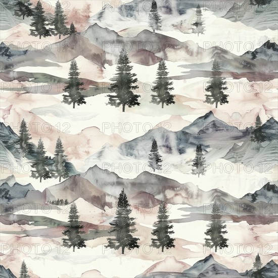 Landscape watercolor pattern with serene scenery and soft tones, abstract nature background, seamless pattern AI generated