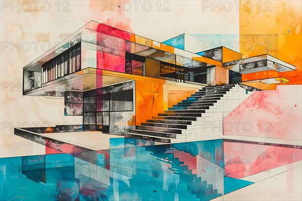 Artistic rendering of a contemporary building with orange gradients and geometric lines with reflective surfaces, AI generated