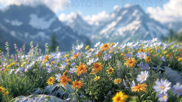 Serene landscape of mountains with wildflowers under a clear blue sky, relaxation, recreation, serenity, naturalness, meditation, enjoyment concept, AI generated