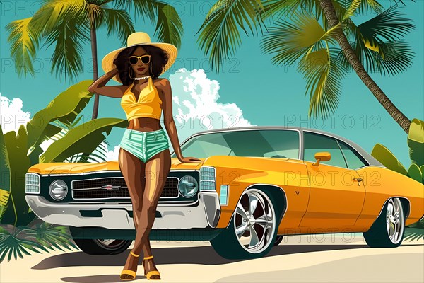 Fashionable woman with a vintage car parked under palm trees on a sunny beach, illustration, AI generated