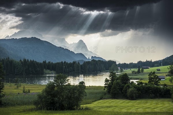 Storm clouds, Geroldsee or Wagenbruechsee, Kruen near Mittenwald, Werdenfelser Land, Upper Bavaria, Bavaria, Germany, Europe