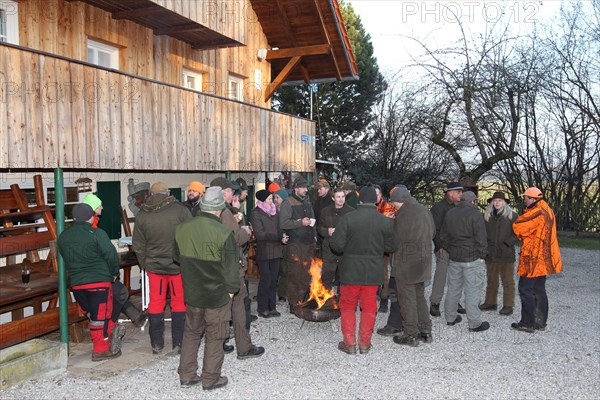 Wild boar (Sus scrofa) end of the hunt, amusing hunter's round, so-called Schuesseltreiben, tradition, Allgaeu, Bavaria, Germany, Europe