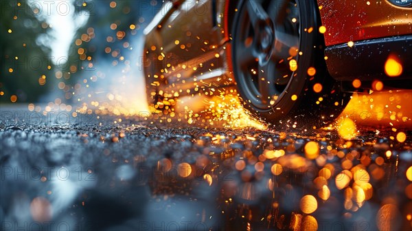 Luxury sports car driving on wet urban road with water splashes, low ultra wide angle, AI generated